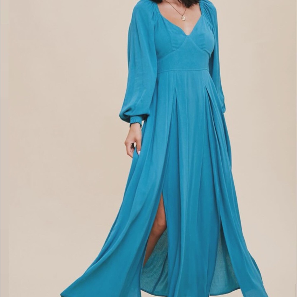 NWT Turquoise Dress  & black long‎ sleeve smocked back midi maxi beautiful XS/S